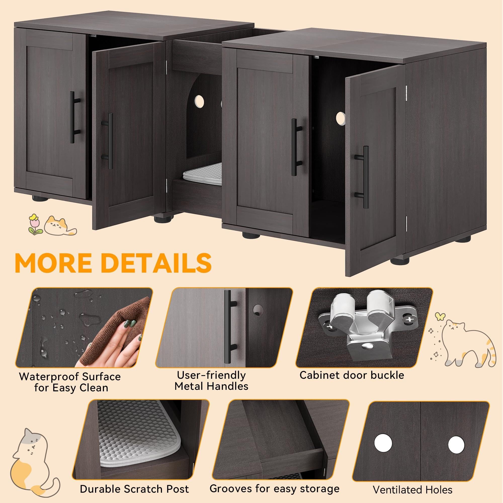GarveeLife Mueble Arenero para Gatos – Gabinete Oculto con Doble Compartimento para 2 Cajas, Diseño 3 en 1 Mesita Lateral, Madera Impermeable, Negro 140x45x52 cm