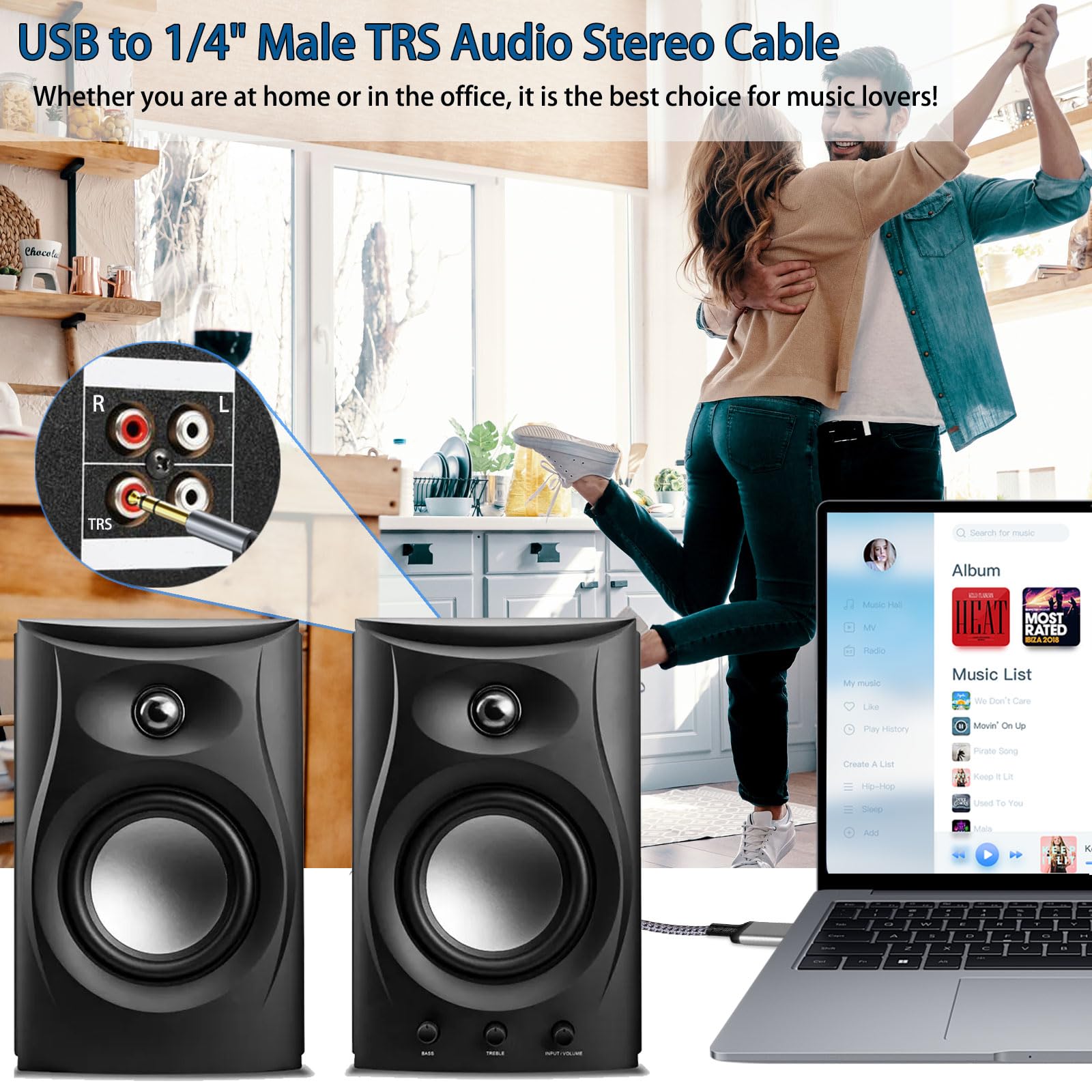 Cavo audio stereo da USB a TRS da 6,35 mm, 3 m da USB A a 6,35 mm maschio, adattatore audio per laptop, Windows, PC, amplificatore, altoparlante, cuffie, Nota: non applicabile a porte USB di