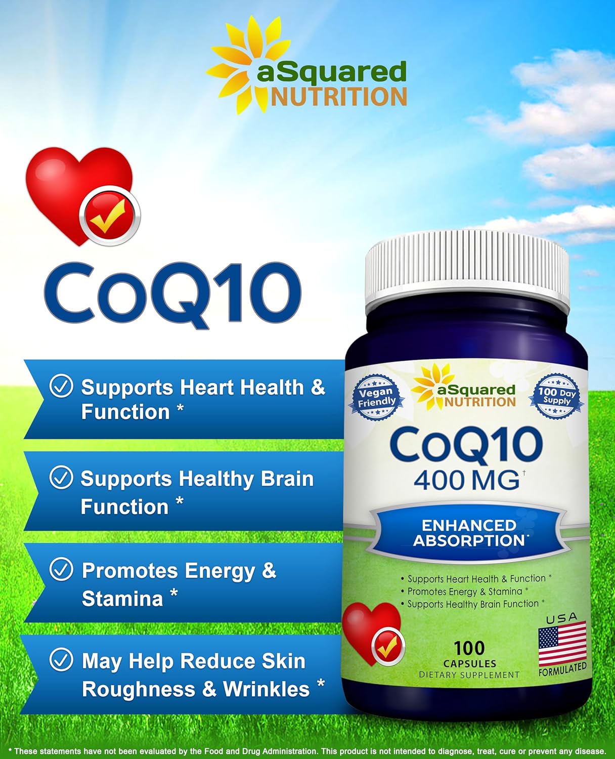 aSquared Nutrition CoQ10 (400mg Max Strength, 100 Veggie Capsules) - High Absorption Coenzyme Q10 Powder - Ubiquinone Supplement Pills, Extra Antioxidant CO Q-10 Enzyme Vitamin Tablets, Coq 10 400 mg - Image 2
