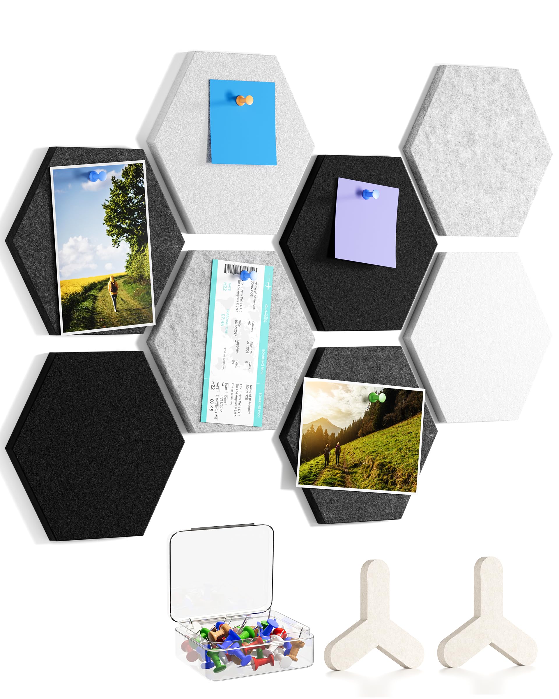 MaxGear 8Pcs Hexagon Felt Cork Board Tiles, Grey Self-Adhesive DIY Bulletin Board Pin Board for Office School Home Wall Decor Stickers Photos Display