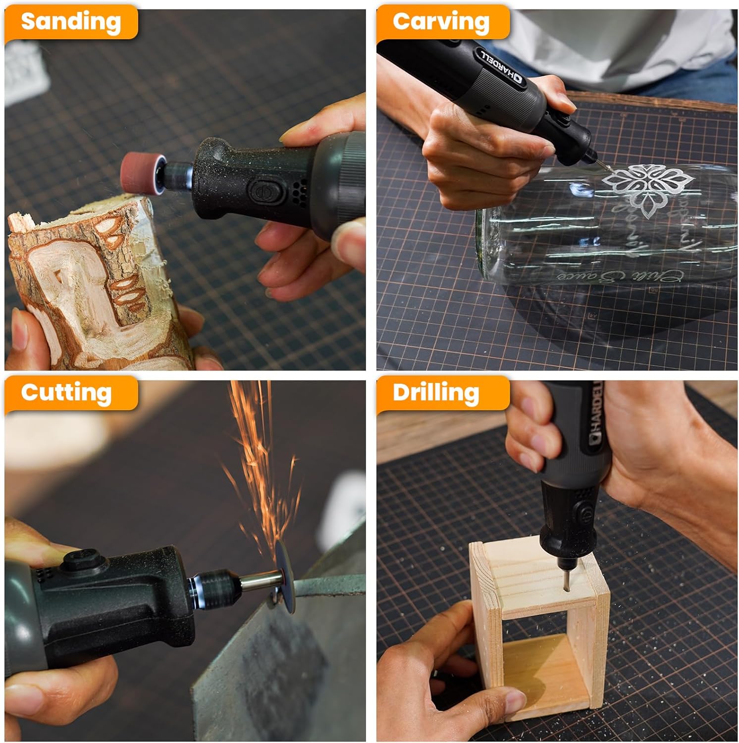 Collage showing the HARDELL rotary tool being used for sanding wood, carving glass, cutting metal, and drilling wood.