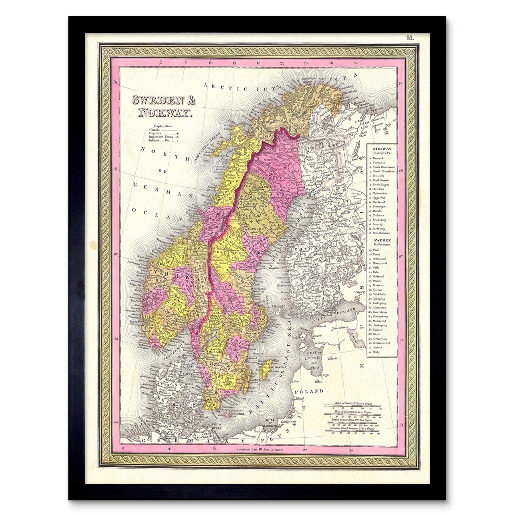 Wee Blue Coo 1850 Mitchell Map Sweden And Norway Vintage Art Print Framed Poster Wall Decor 12X16 Inch