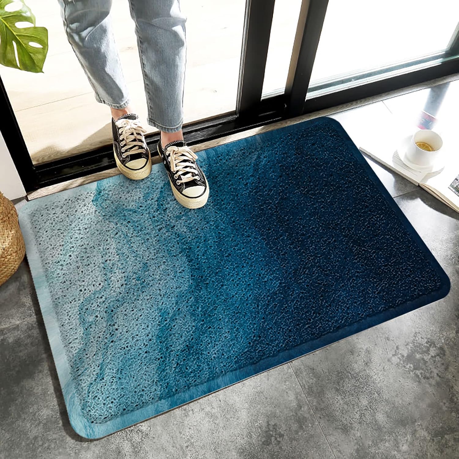 Door Mat Ocean Blue Navy Gradient Wave,NonSlip