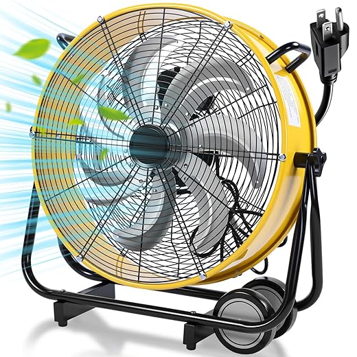 20" High Velocity Industrial Drum Fan Heavy Duty Industrial Metal Floor Fan with Handle and Roller 3 Speed, 7 Metal Blades, 360° Rotation for Warehouse Basement Factory Barn Garage (Yellow)