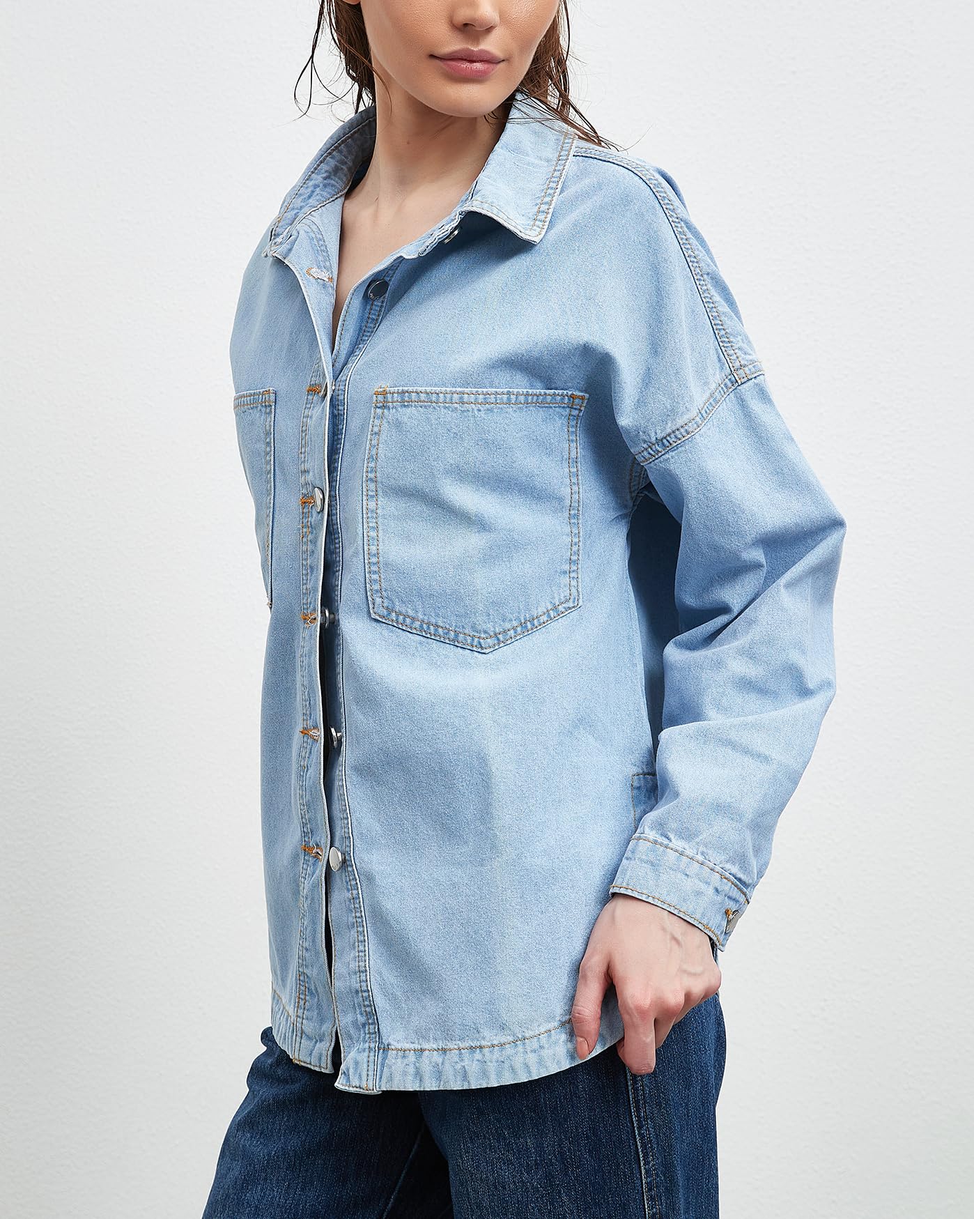 CYLADY Camicia da donna in denim a maniche lunghe oversize boyfriend jean giacca shacket trendy button down camicia