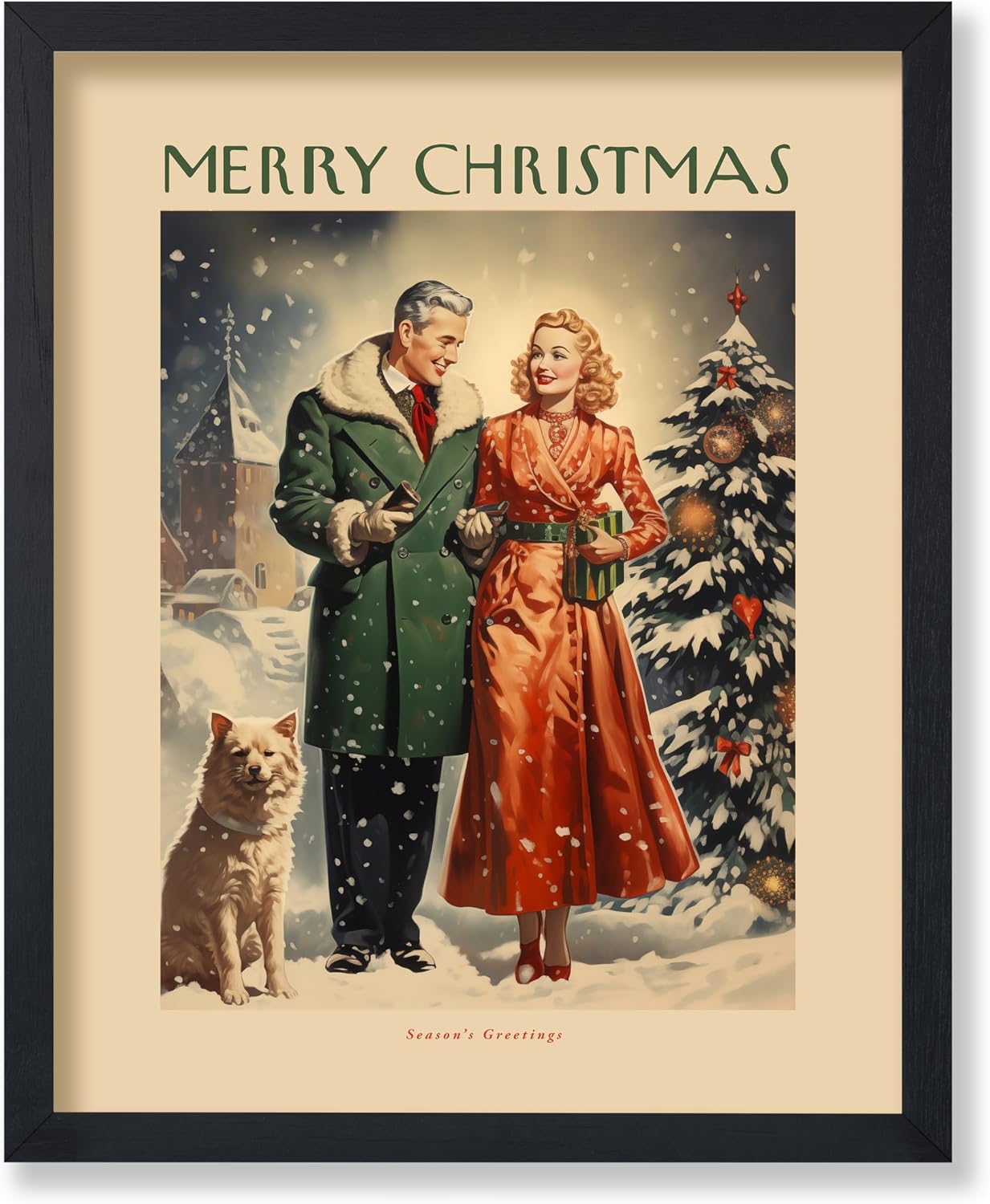 Poster Master Merry Christmas Print - Holiday Poster - Couple with Dog Art - Winter Wall Design - Gift for Men, Women & Lovers - Romantic Decor for Bedroom or Dorm - 8x10 UNFRAMED Wall Art