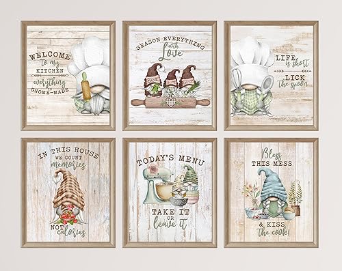 Bless This Kitchen and Kiss The Cook decoración temática de granja, arte de madera rústica, juego de impresiones de pared de gnomo de vaca, cerdo,