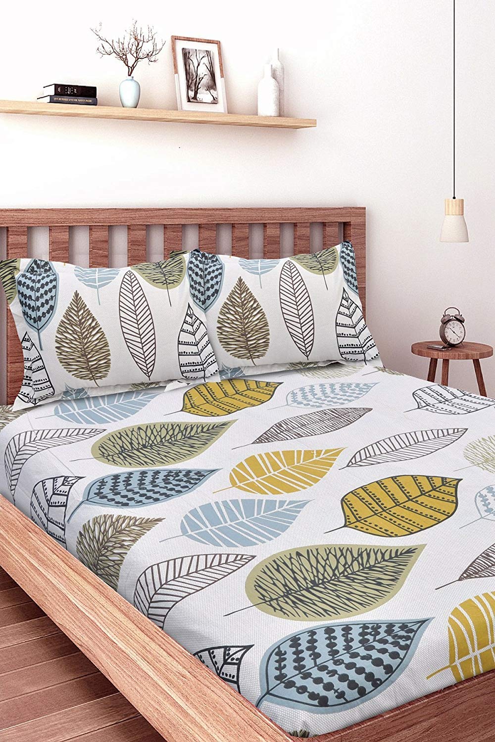 Huesland by Ahmedabad Cotton 144 TC Cotton Single Bedsheet with 1 Pillow Cover – Beige, Green & Blue