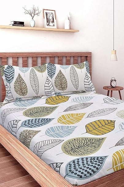 Huesland by Ahmedabad Cotton 144 TC Cotton Single Bedsheet with 1 Pillow Cover - Beige, Green & Blue