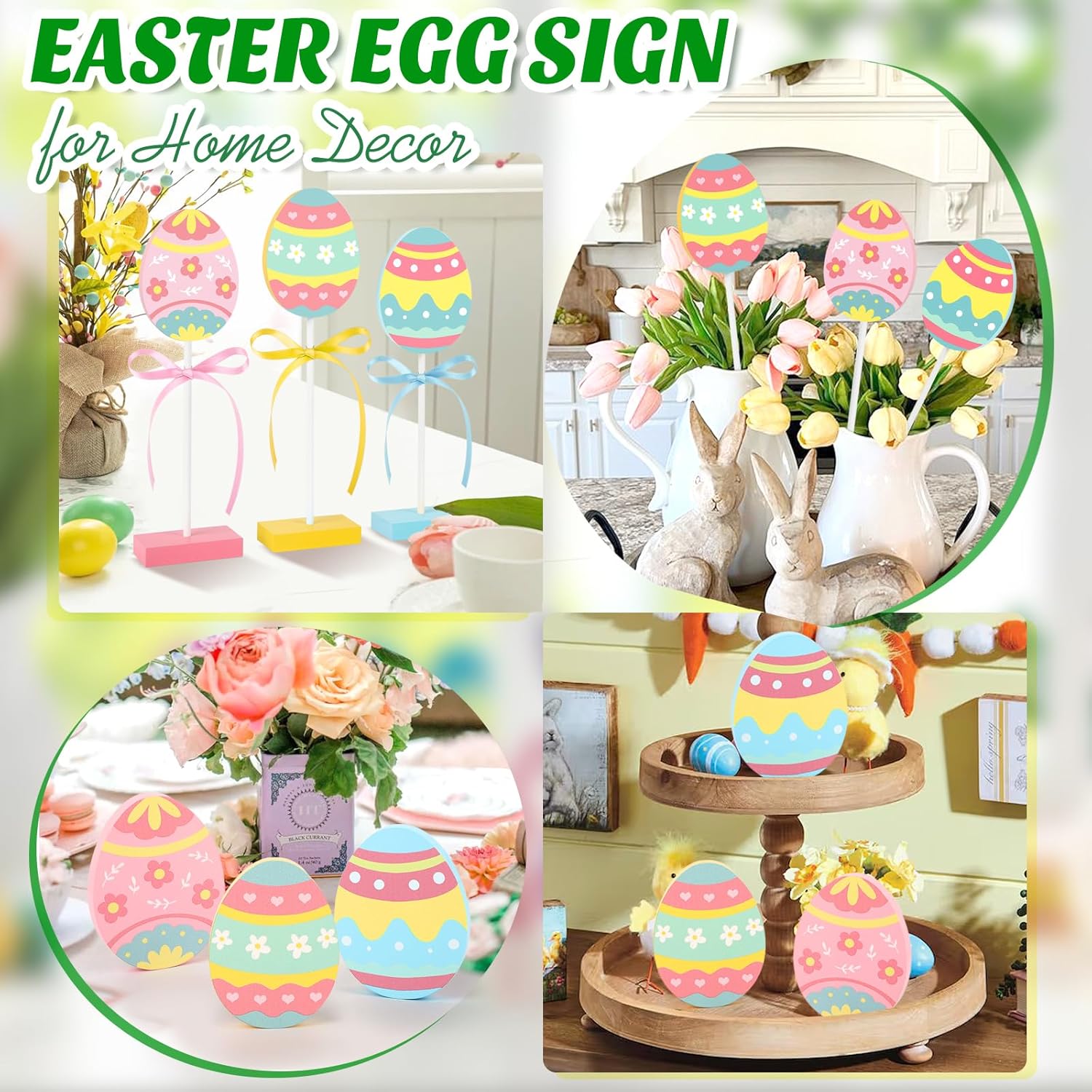 3 Pieces Easter Table Decorations, Wooden Eggs Signs, Colorful Easter Tiered Tray Decor for Home Kitchen Decorations (Eggs)