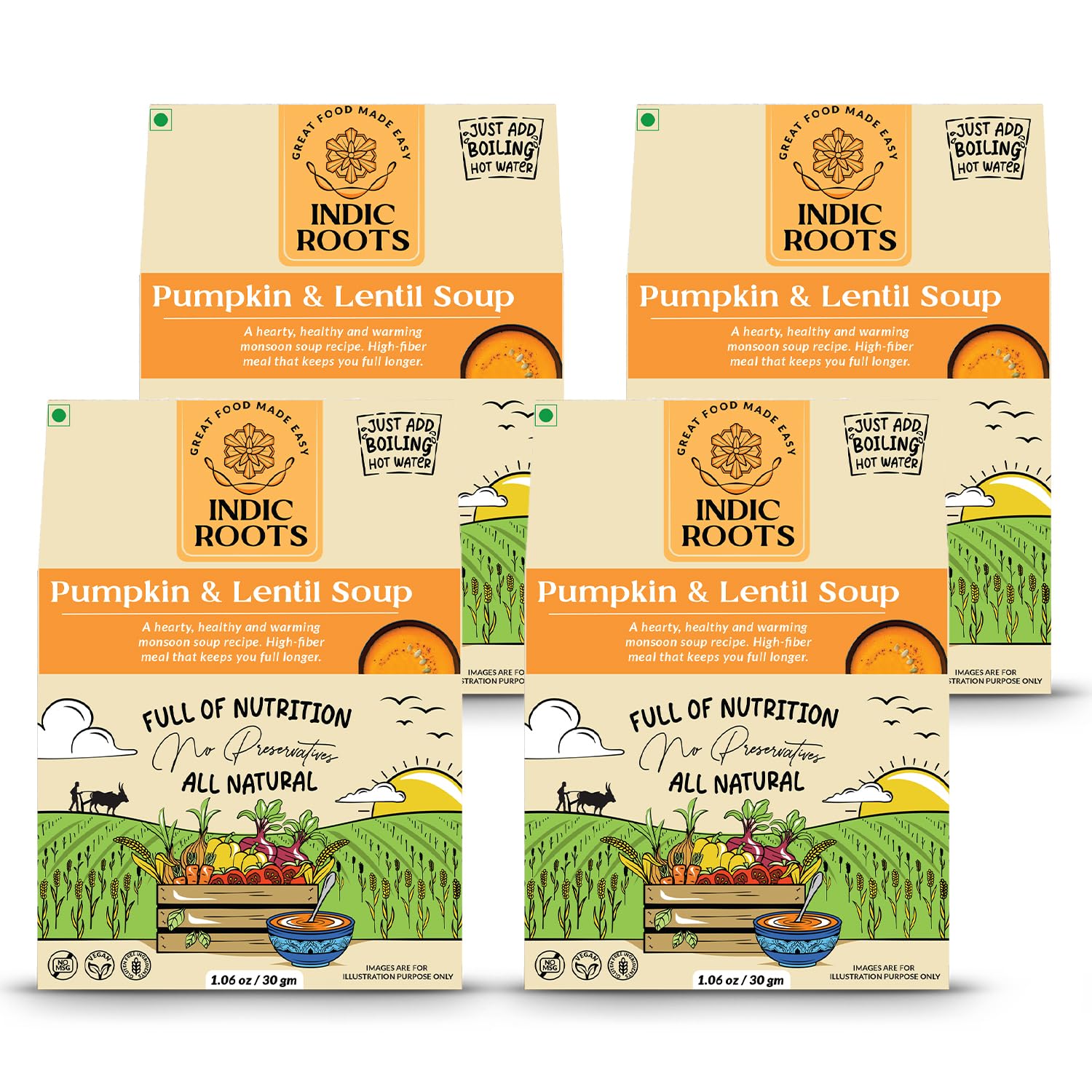 Indic Roots (Formely Organic Roots) Pumpkin & Lentil Soup, Instant Soup Packets, Natural Ready To Cook Vegetable Soup Mix Powder, Pack of 4 (30G Each, 230Ml)