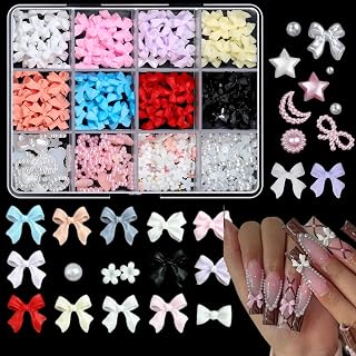Bow Nail Charms and Flatback Pearls Set – 8 Colors Bow Stuff, Cute 3D Nail Jewels with Pink Flowers, Nail Pearls, Junk Case Charms & Assorted Shapes for DIY Nail Art Decoration (Bow-A)