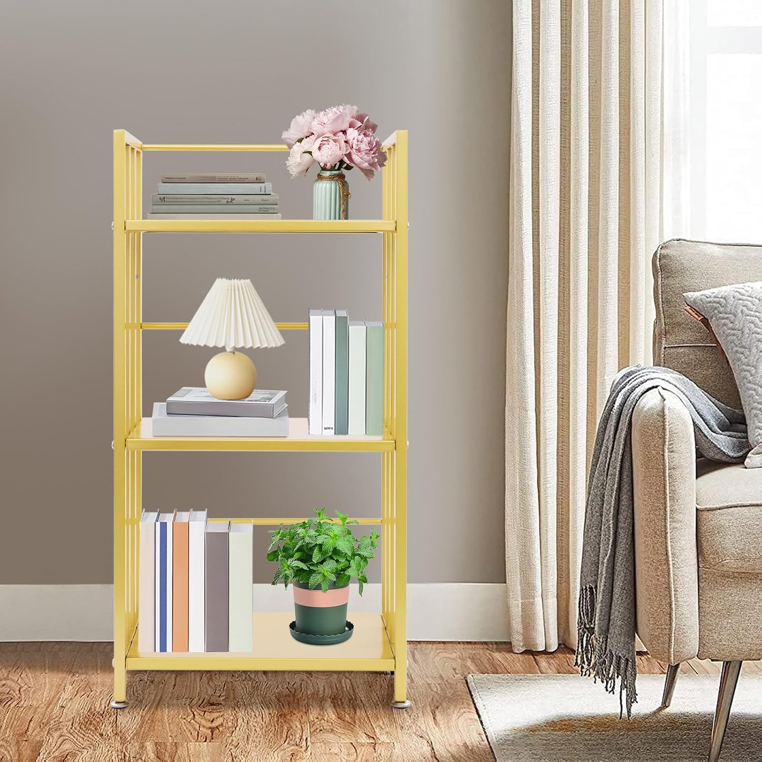 Eapmic Bookshelf, 3 Tier Open Bookcase, Freestanding Display Storage Rack, Industrial Metal Book Shelves Organizer, Tall Modern Standing Shelving Unit for Living Room, Bedroom, Office (Gold)