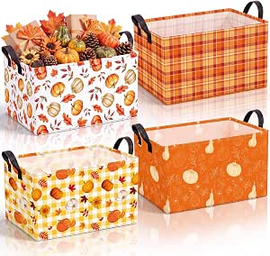 FoldTier 4 Pcs Fall Storage Baskets, Pumpkin Organizer Bins with Handles
