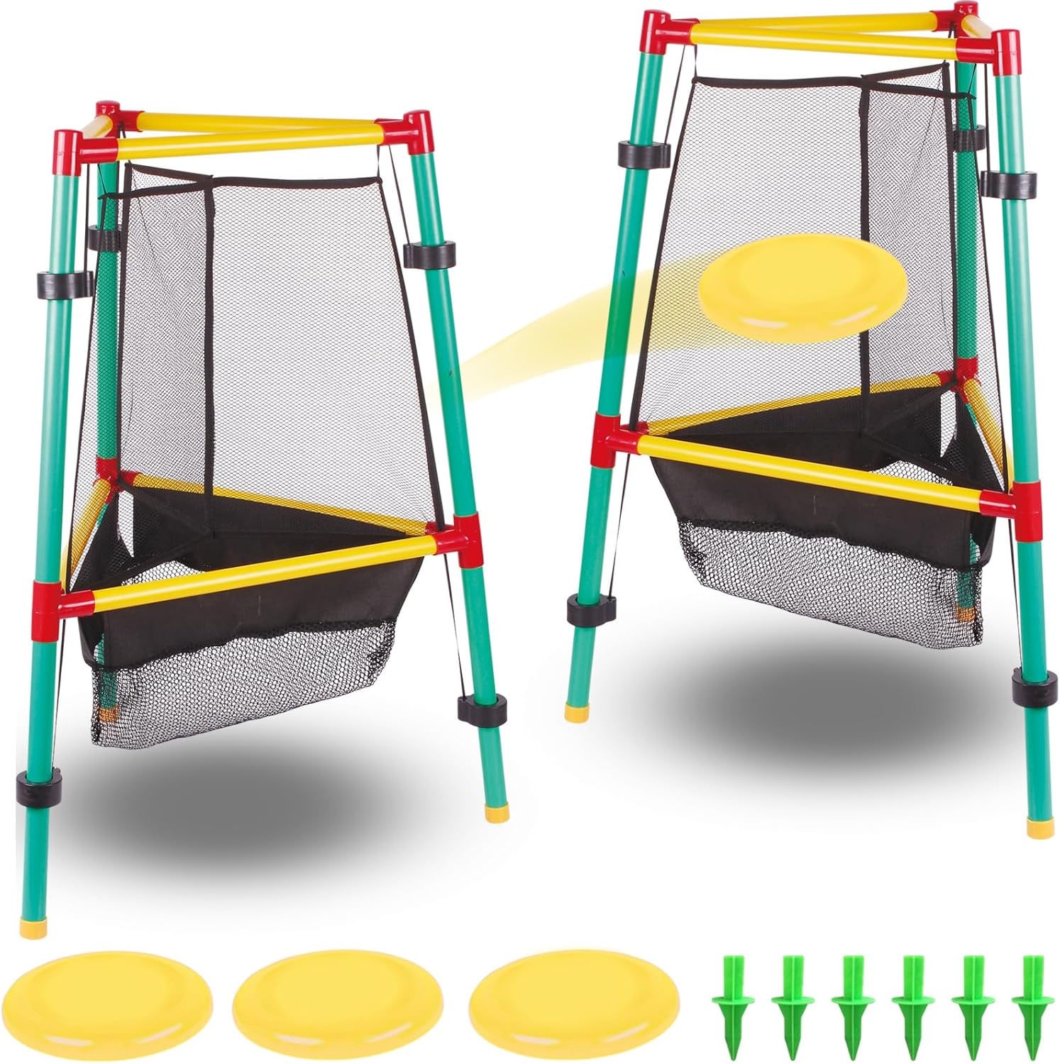 Disc Golf Starter Kit with 4 Flying Discs & 2 Auto-Retractable Baskets - Portable Outdoor Disc Golf Game Set Including Storage Bag & Adjustable Feet for Backyard, Beach, Camping