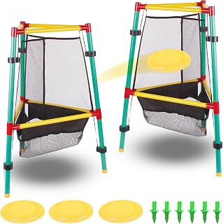Disc Golf Starter Kit with 4 Flying Discs & 2 Auto-Retractable Baskets - Portable Outdoor Disc Golf Game Set Including Storage Bag & Adjustable Feet for Backyard, Beach, Camping