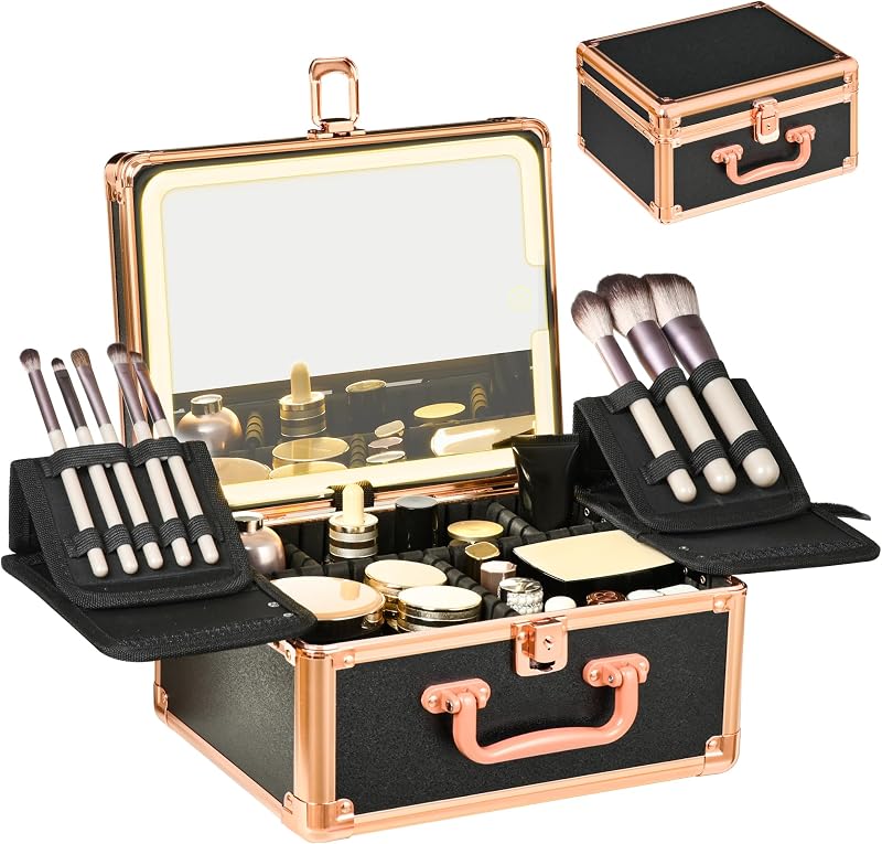 Maleta de maquiagem GALHUBIS com espelho LED removível, organizador de cosméticos, suporte para pincéis, Black Gold