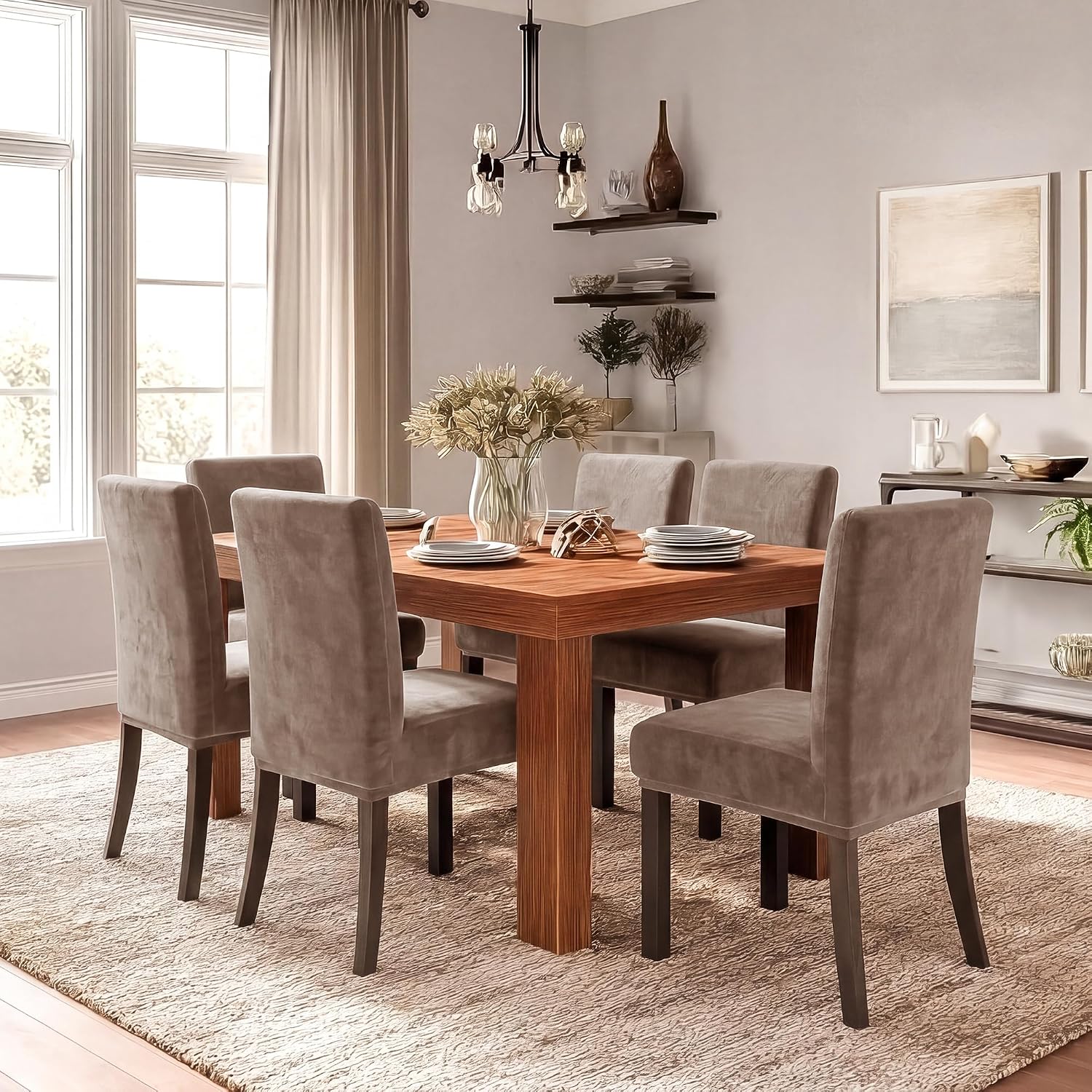 JIUZHEN Dining Chair Covers Velvet Chair Covers for Dining Room Washable Parson Chairs Slipcover Stretch Removable Kitchen Seat Protector for Home, Restaurant, Bangnet, Set of 4, Taupe