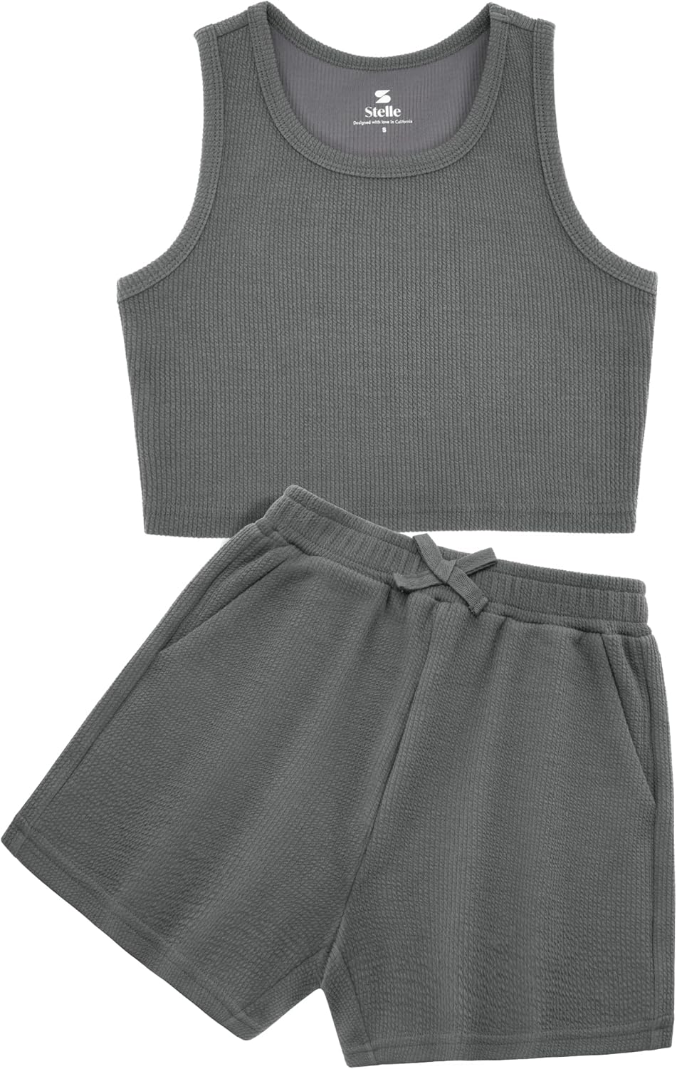 Stelle Girls Athletic Sets, Scoop Neck Ribbed Crop Tops Elastic Waist Shorts With Pockets 2 Piece Outfits, Girls' Short Sets 8-9, Charcoal, Medium