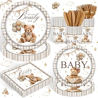 120 Pcs We Can Bearly Wait Party Supplies Party Plates Cute Teddy Bear Baby Shower Birthday Party Decorations for Baby Bday Set for 20 Guests