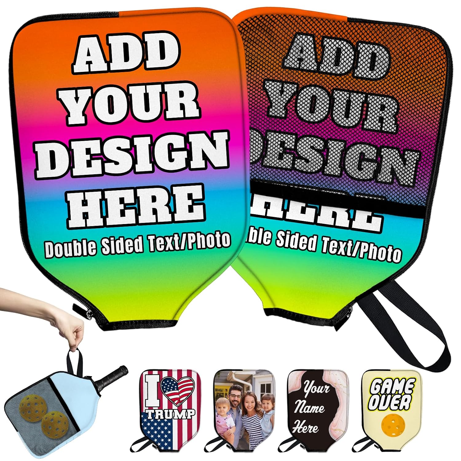 Custom Pickleball Paddle Cover Personalized Paddle Case with Design You Photo Text Customized Neoprene Racket Protection with Pocket and Handle Strap Fits Most Rackets -...
