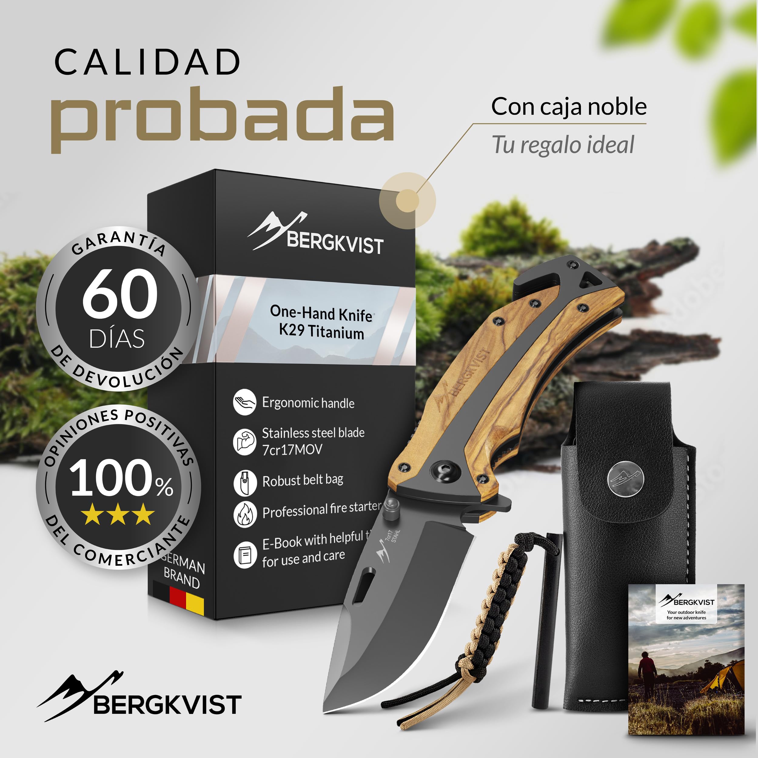 BERGKVIST® K29 Cuchillo plegable Titanium [navaja de bolsillo 3 en 1] | Navaja con rompecristales y cortacinturones, Bronze A' Design Award, mango de madera de olivo