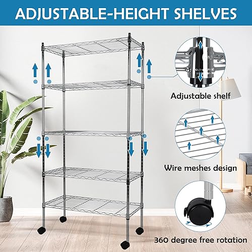 Miniatura 10 de Estantería de 5 niveles, estante de almacenamiento resistente con altura ajustable, estante de capa de estante de metal, organizador de alambre de