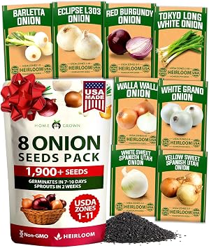 HOME GROWN 8 Onion Variety Mix 1600+ Heirloom Non-GMO Seeds for Planting, High Germination, Red, Yellow, White, Sweet Vidalia & Spanish Bulb Onions, Green Scallions,Indoor Outdoor Garden Allium cepa