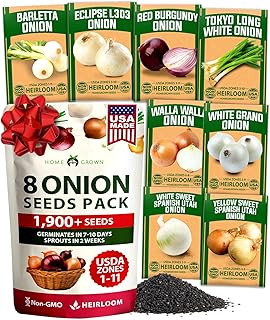 HOME GROWN 8 Onion Variety Mix 1600+ Heirloom Non-GMO Seeds for Planting, High Germination, Red, Yellow, White, Sweet Vidalia & Spanish Bulb Onions, Green Scallions,Indoor Outdoor Garden (Allium cepa)
