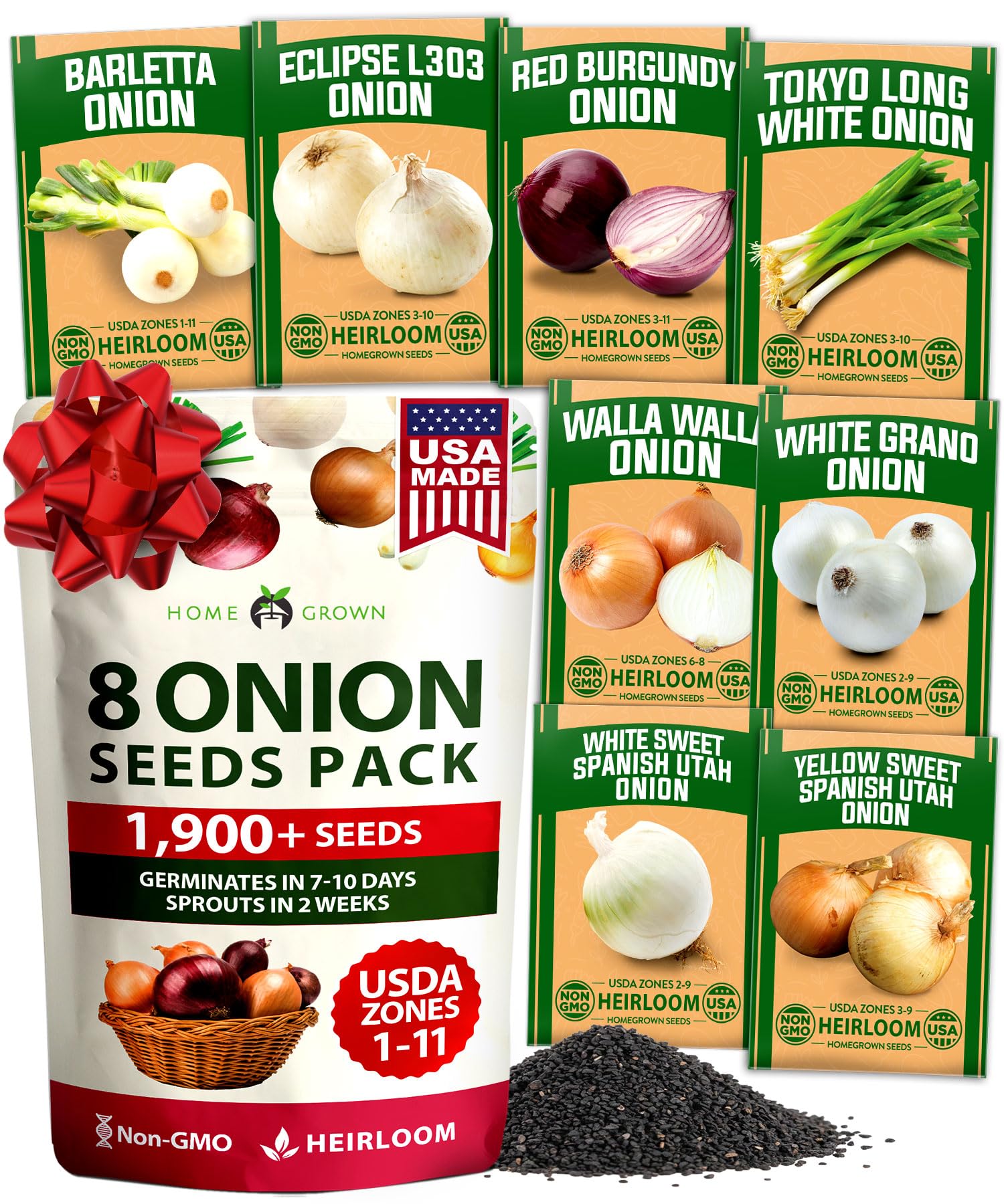 HOME GROWN 8 Onion Variety Mix 1600+ Vegetable Seeds Allium cepa