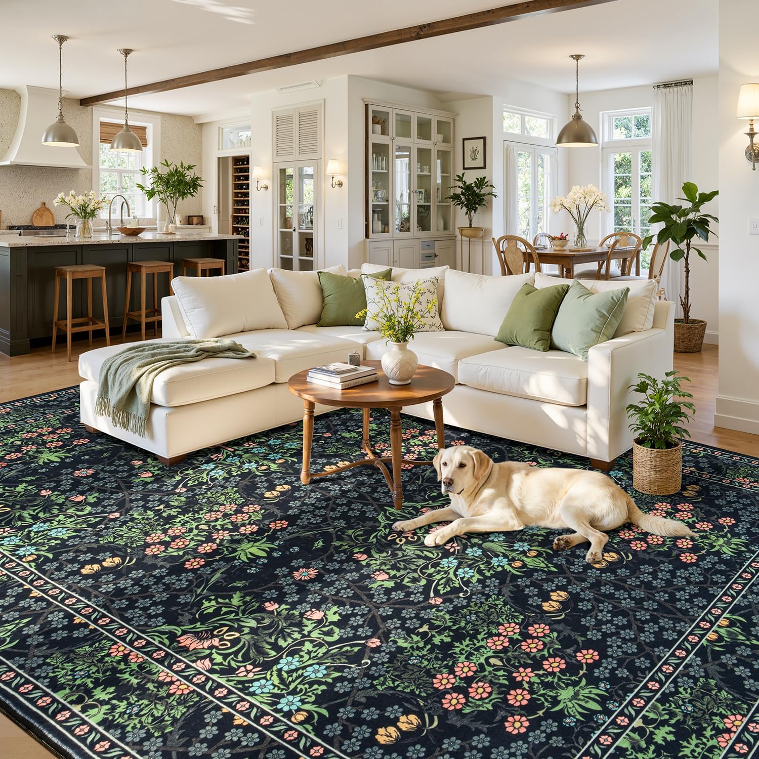 Lessymo Area Rugs 9x12 Living Room, Soft Washable Rug for Bedroom Dining Room Nursery Farmhouse, Boho Non Slip Low Plie Large Carpet Vintage Moody Dark Boho Flower, Black Green