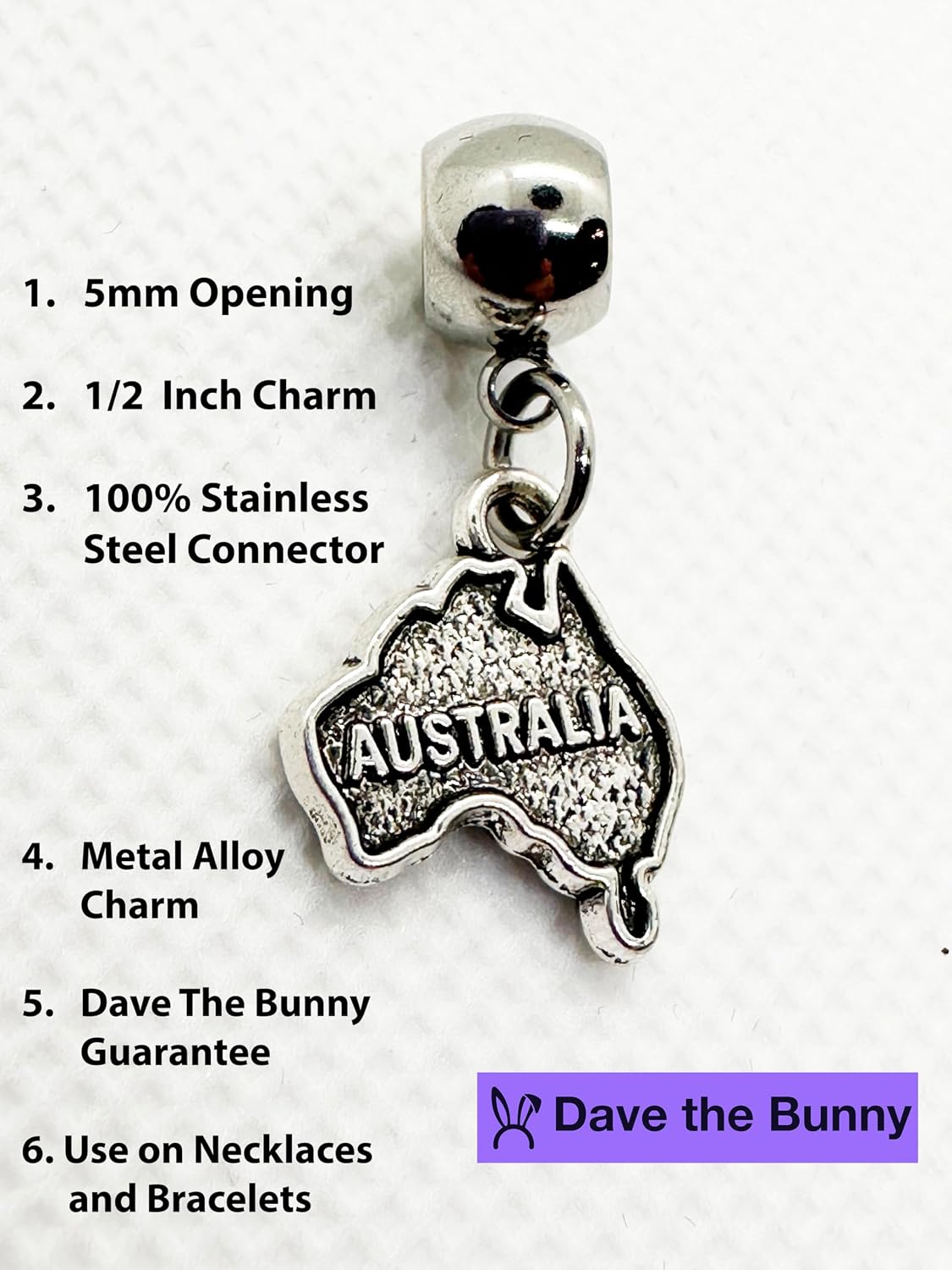 Dave The Bunny Australia Necklace - Australia Map Necklace Charm on Stainless Steel Snake Chain, Aussie Jewelry - Durable Metal Alloy as an Aussie