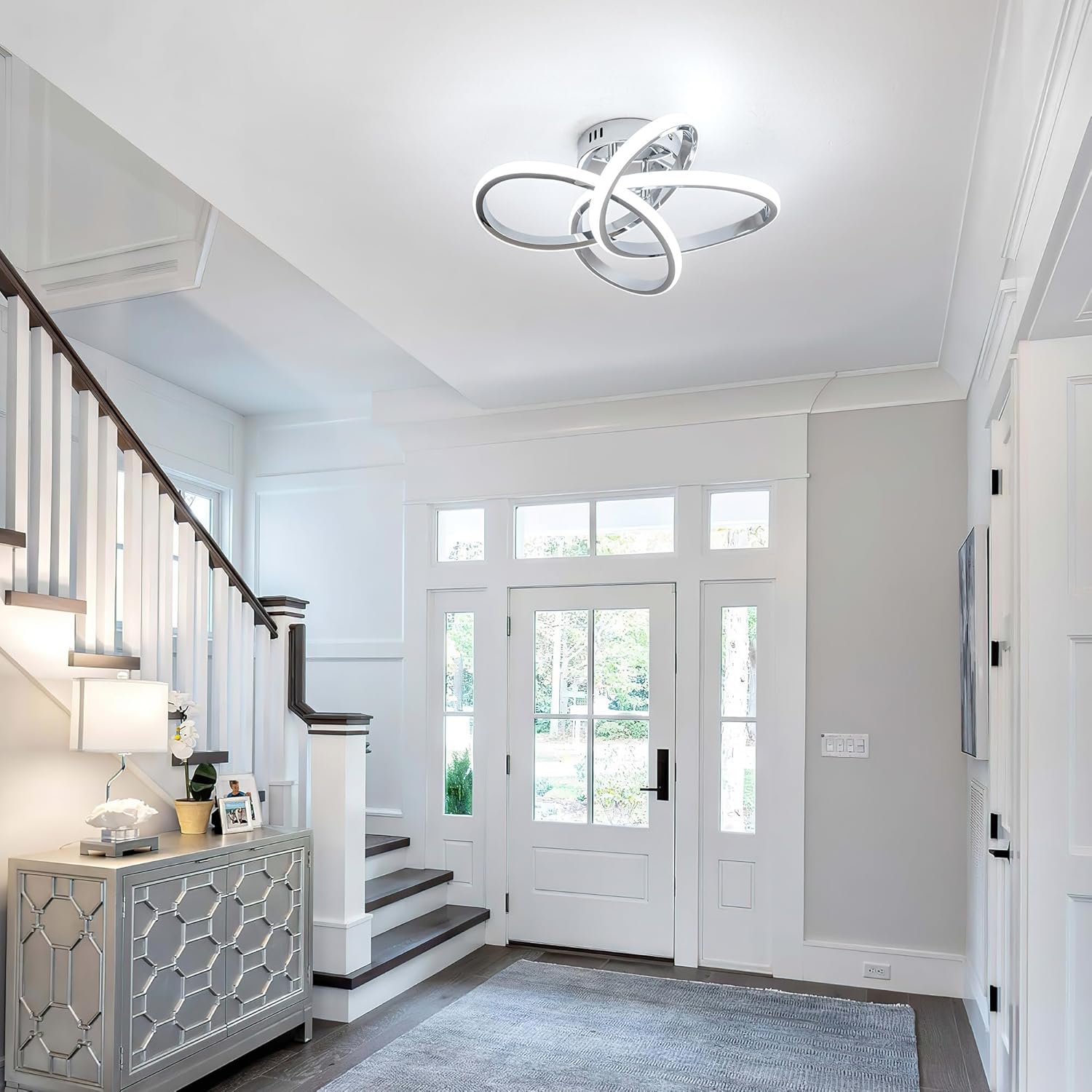 Modern LED Ceiling Light with Remote Control, Stepless Dimming, 3000-6000K Selectable, 36W, Dimmable LED Chandelier for Bedroom, Bathroom, Entryway, Hallway, Chrome Finish