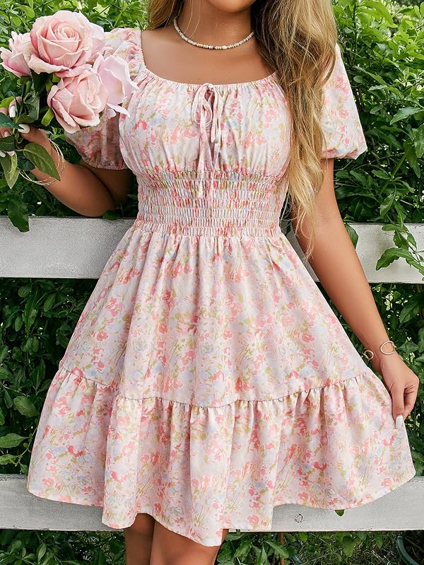Floerns Women's Boho Square Neck Puff Short Sleeve Self Tie Front A Line Dress Floral Pink Small by Floerns - Image 4
