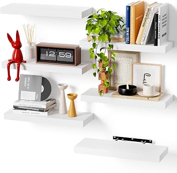 White Engineered Wood Wall Shelf Set of 6, 16" Modern Floating Shelves for Kitchen, Living Room, Bedroom, Bathroom Storage, Book Shelf Home Decor