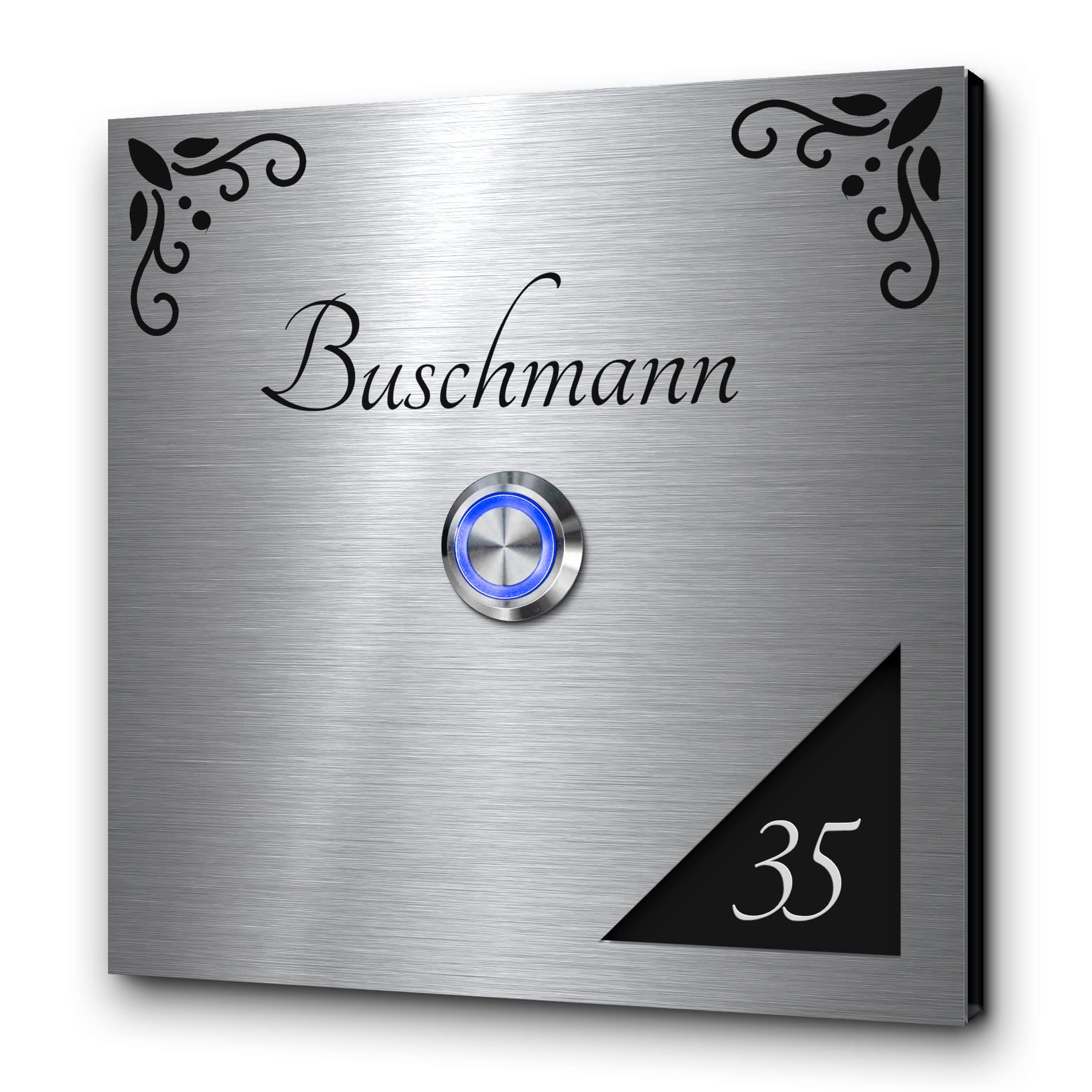 CHRISCK design - Edelstahl Türklingel mit Wunsch-Gravur Led-Beleuchtung und Motive 12x12 cm Klingel-Taster Namen Modell: Buschmann-AP