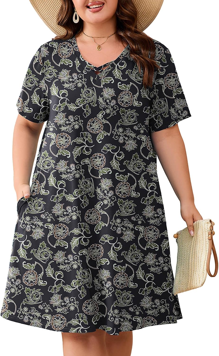 AusLook Plus Size Midi Dress for Women Short Sleeve V Neck Criss Cross A Line Summer Casual Vacation Sundresses with Pockets