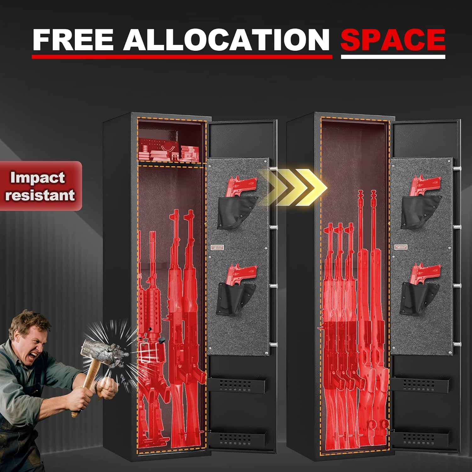 6-8 Quick-Access Gun Safe, Gun Safe for Rifles and Pistols for Home, Dual Alarm & Mute System, Metal Gun Cabinet for Rifles and Shotguns with Internal Cabinet, No Assembly Required