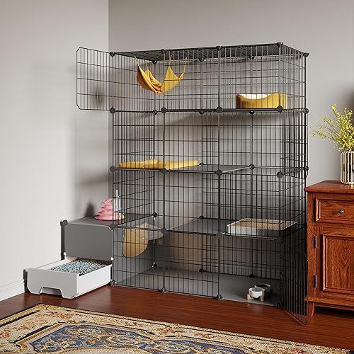 Eiiel - Jaula para gatos para interiores, grande, con caja de arena de 4 niveles, corralito para gatos de bricolaje desmontable, jaula de alambre de
