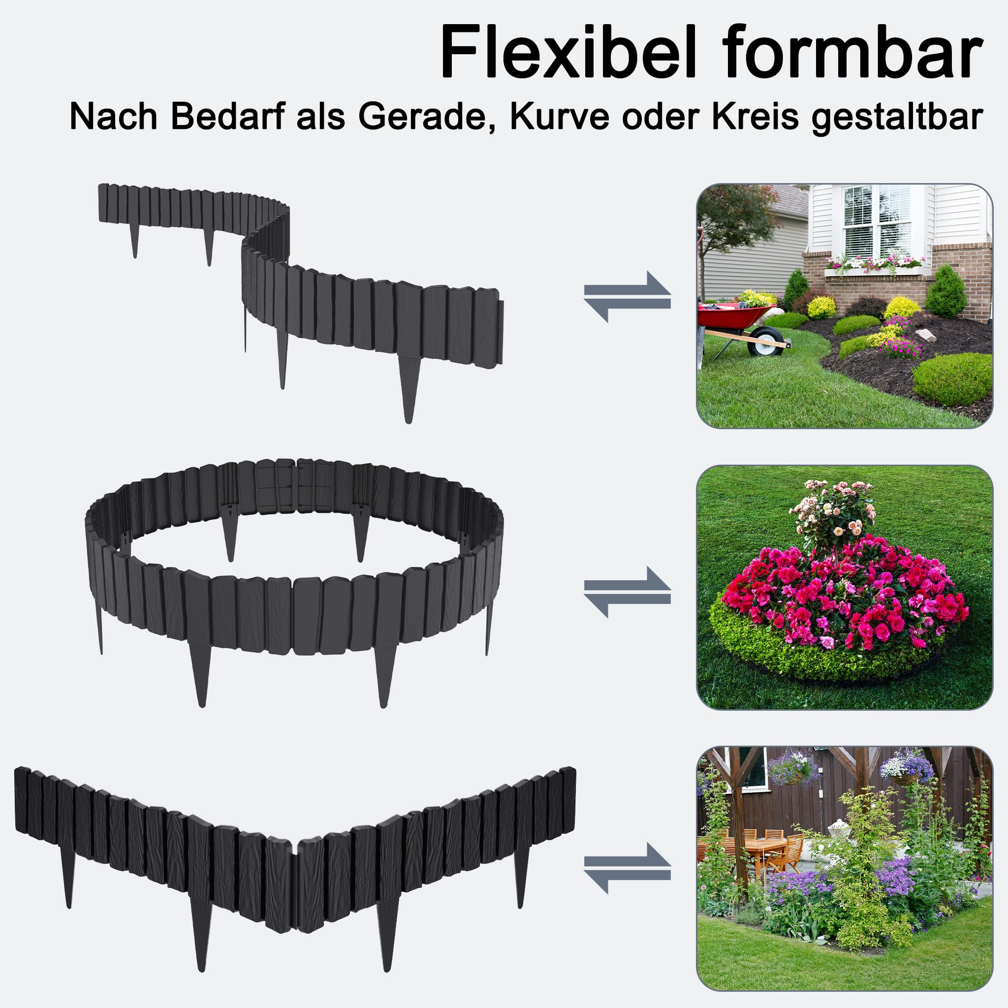4.8m Rasenkante Kunststoff Beetumrandung mit Holzoptik & 10 cm Erdspießen - Mähkante für Garten, Beeteinfassung Anthrazit, Palisade im Holzdesign Anthrazit