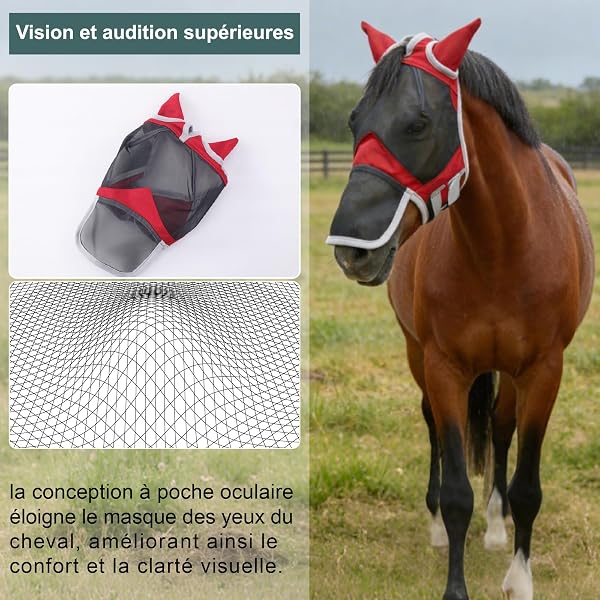 Masque Anti-Mouches pour Chevaux, Couvre-Nez et Oreilles, Protection Anti-UV, Maille Respirante, Grands Yeux, Ouvertures pour Les Poils du Front, sans Frottement, Rouge Large - 4