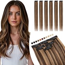 Elailite Natural Human Hair Clip in Extensions Real Smooth 6 Silk Lace Strips 31g Add Volume/Strands (25 cm, Dark Chestnut + Light Chestnut)