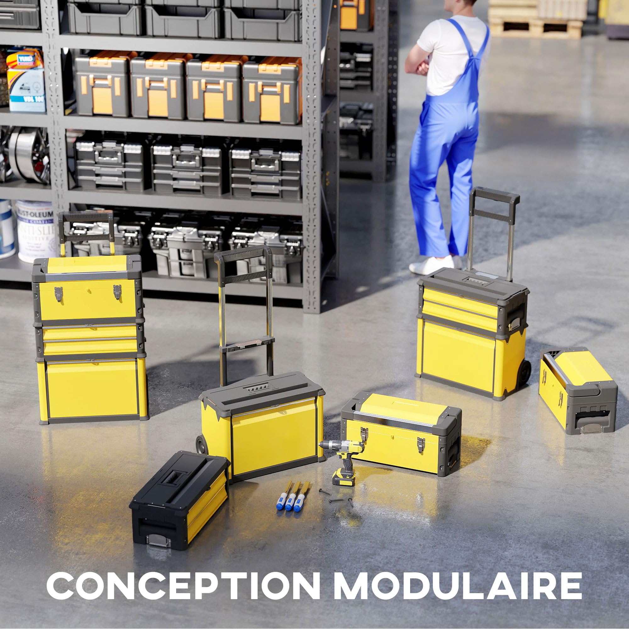 HOMCOM Set di 3 cassette portautensili su ruote impilabili e modulari per officina trolley in acciaio con vassoio, maniglie e serratura, per garage e magazzino, colore giallo