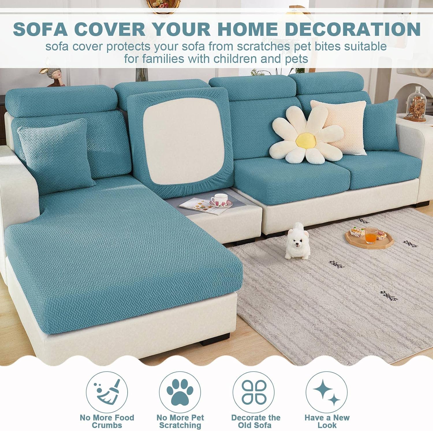 2025 New Wear-Resistant Universal Sofa Cover, Stretch Couch Cushion Slipcovers Replacement, Anti-Slip L Shape Sofa Covers, Chaise Lounge Sofa Slipcover (Weave Sea Blue,Large Single Seat Cover)