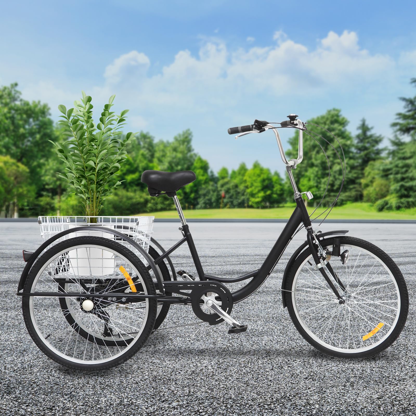 Triciclo adulto 24 pulgadas 3 ruedas 6 velocidad bicicleta triciclo cruiser con cesta y luces para montar a caballo, picnic, ir de compras o hacer otras actividades al aire libre, negro,