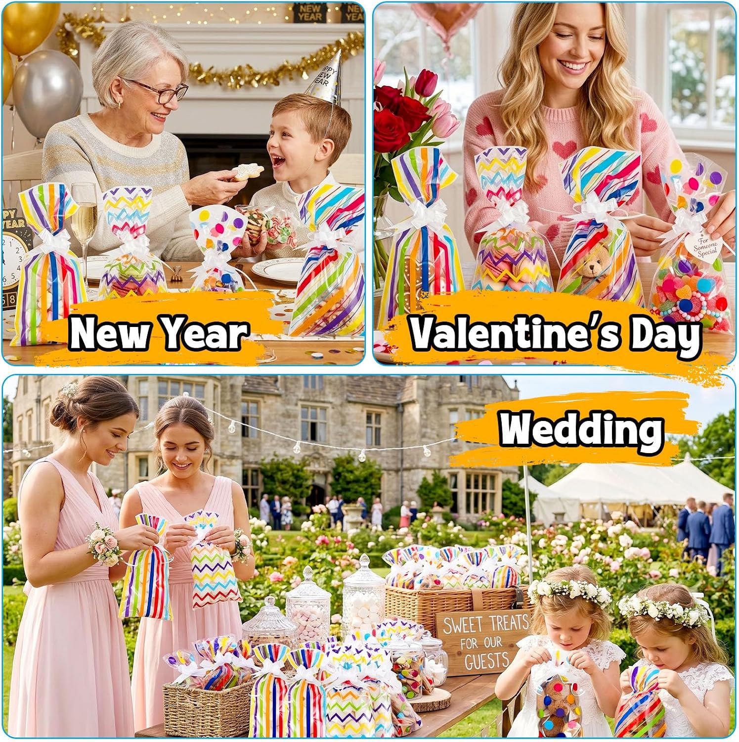 GIFTBOLSA 100 PCS Rainbow Cellophane Treat Bags,5.1 x 10.6 Inches,Clear Cookie&Candy Gift Bags with Twist Ties and Bows for Birthday,Holiday,Party,Easter,Christmas,New Year and Wedding Decorations