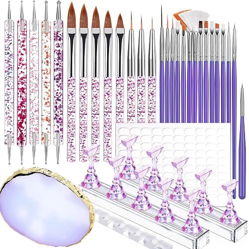 Teenitor Nail Art Tools Set, 23 Pcs Nail Art Brushes, 5 Pcs Nail Dotting Tool, 2 Set of Nail Stand, 100 Pcs Double-Sided Adhesive Tabs, Nail Art Palette, Brushes Holder, Purple