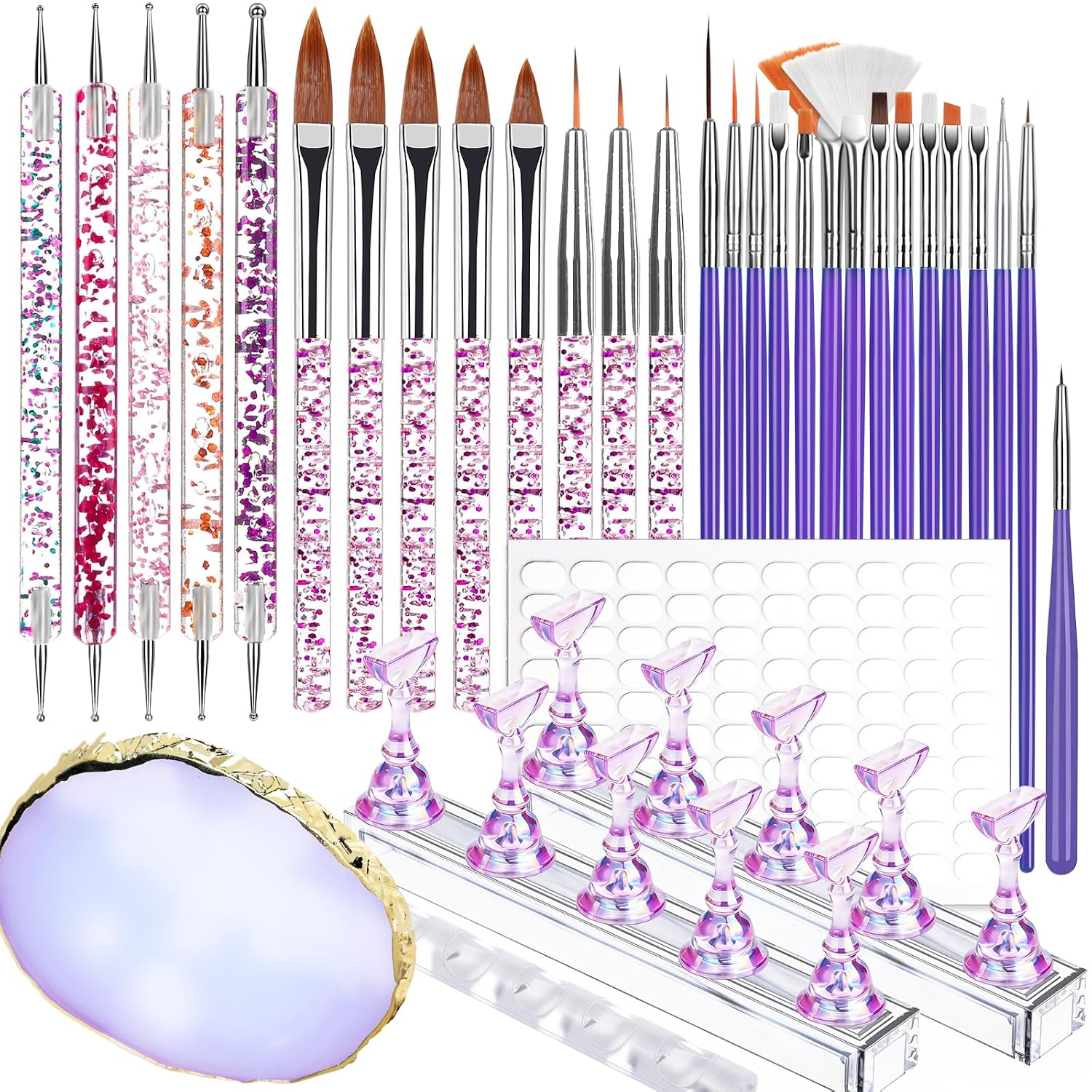Teenitor Nail Art Tools Set, 23 Pcs Nail Art Brushes, 5 Pcs Nail Dotting Tool, 2 Set of Nail Stand, 100 Pcs Double-Sided Adhesive Tabs, Nail Art Palette, Brushes Holder, Purple