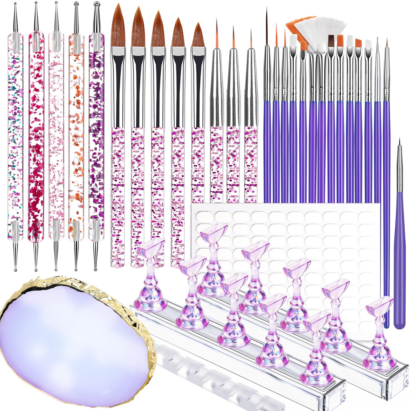 Teenitor Nail Art Tools Set, 23 Pcs Nail Art Brushes, 5 Pcs Nail Dotting Tool, 2 Set of Nail Stand, 100 Pcs Double-Sided Adhesive Tabs, Nail Art Palette, Brushes Holder, Purple