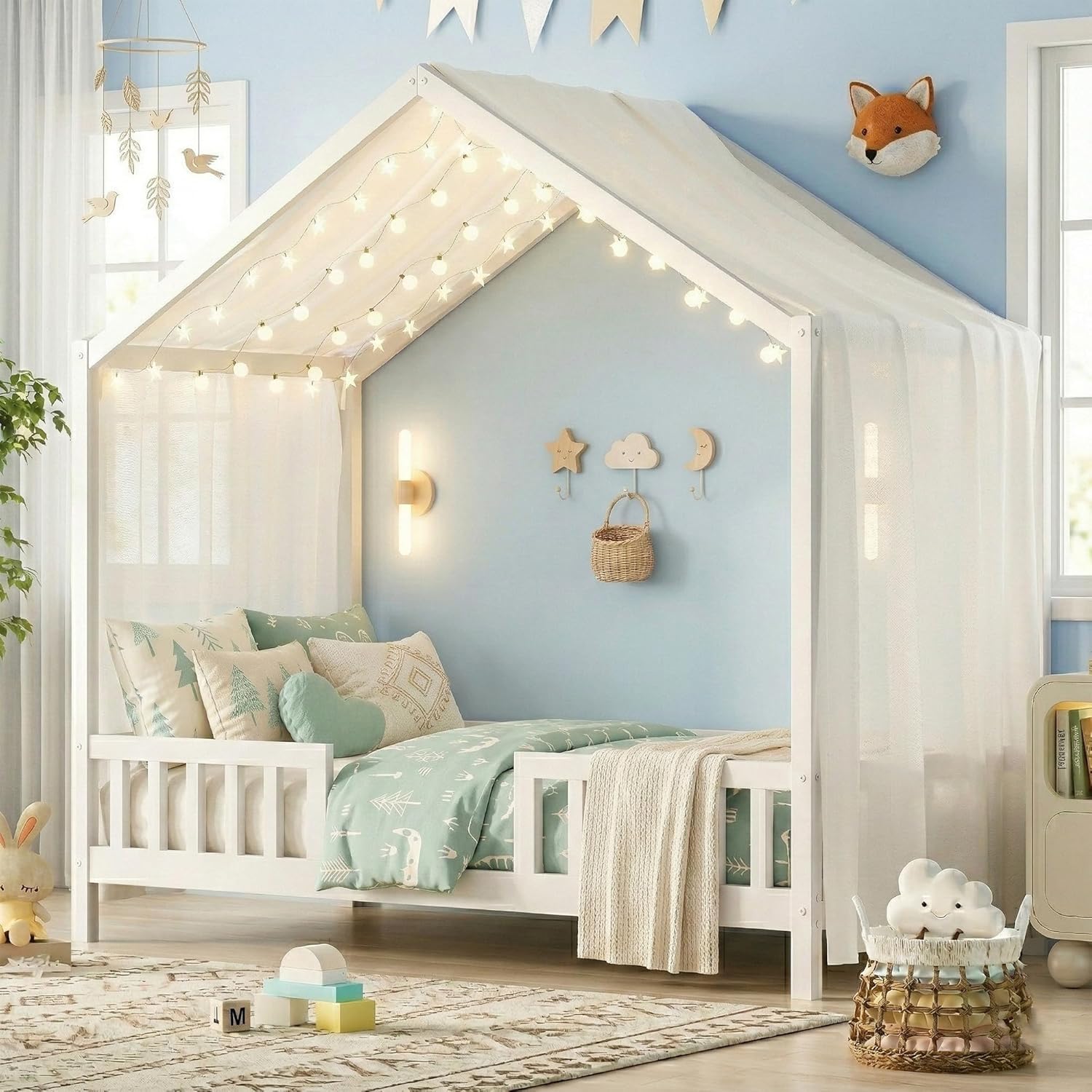 Twin House Bed for Kids with High Rails, Montessori Floor Bed Twin with Roof & Canopy, Wood House Beds Frame for Boys Girls, No Box Spring Needed, White